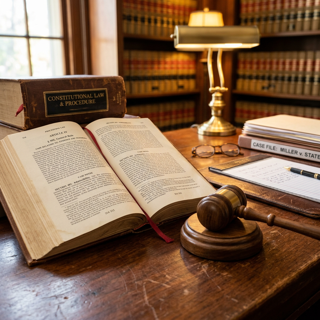 Open law book, gavel, case file, and glasses on a wooden desk in a law office