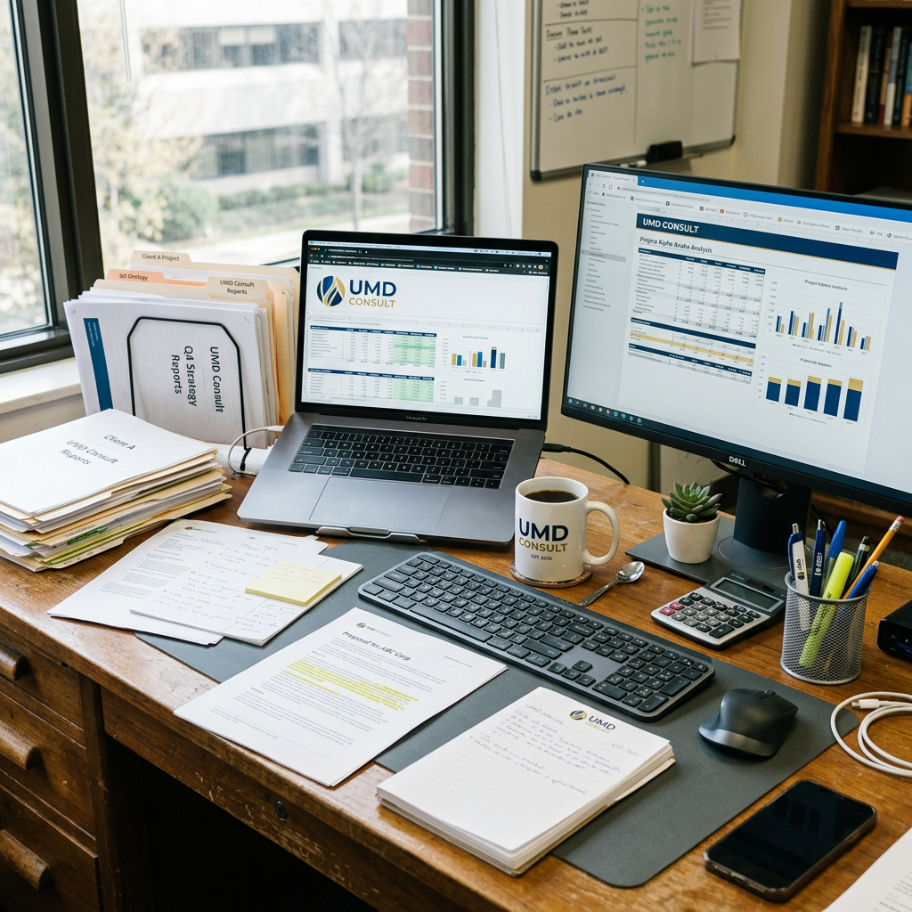 Workspace with laptop and monitor showing UMD Consult data reports